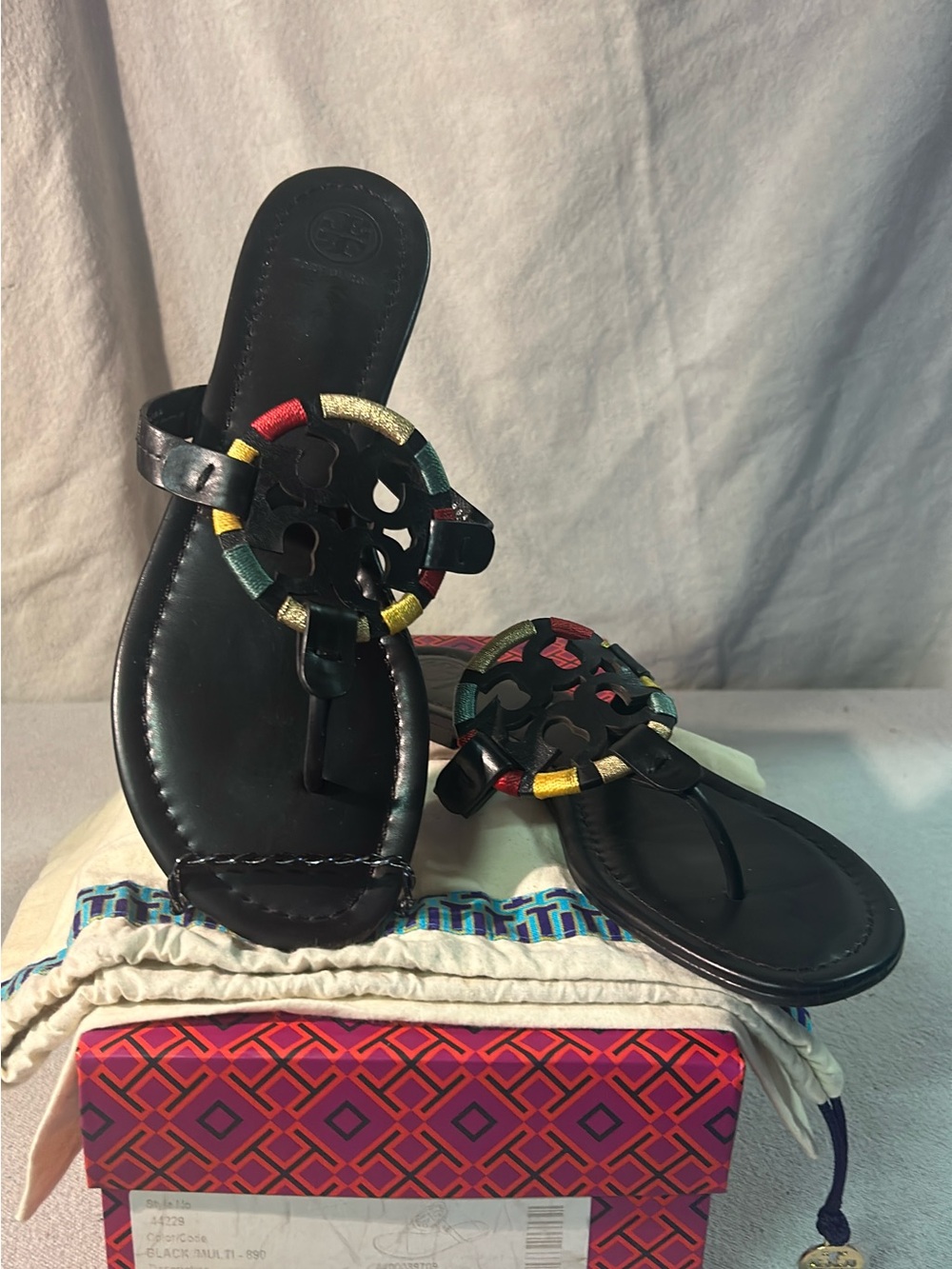 Tory Burch Black Leather Sandals with Red, Green & Gold Accents